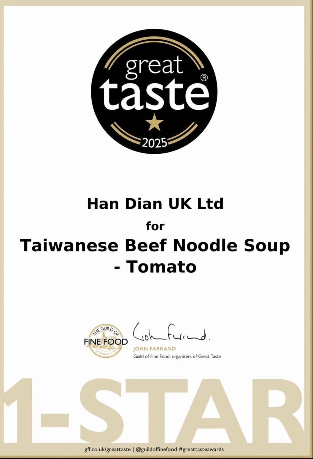 Han Dian UK Ltd's Taiwanese Beef Noodle Soup - Tomato receives a 1-star Great Taste Award 2025.
